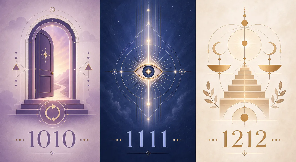Visual comparison of 1010, 1111 and 1212 angel number themes