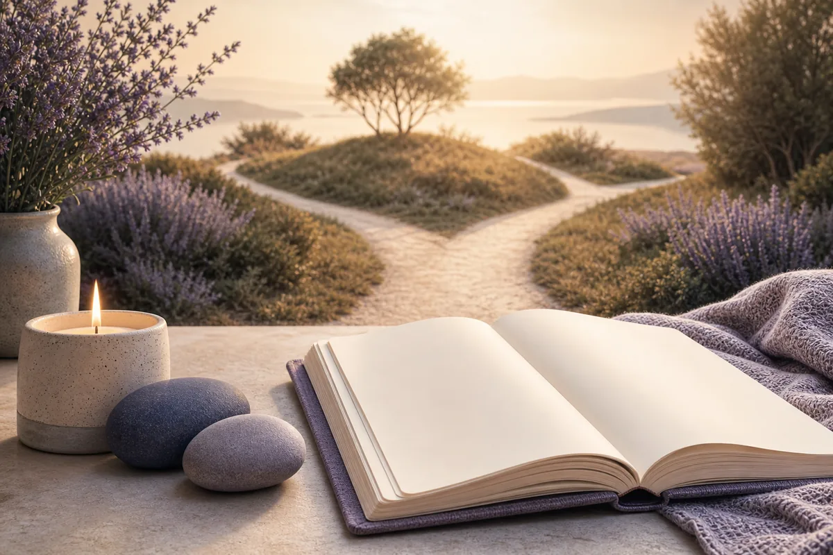 Open journal and balanced path illustrating a grounded response to seeing 1212