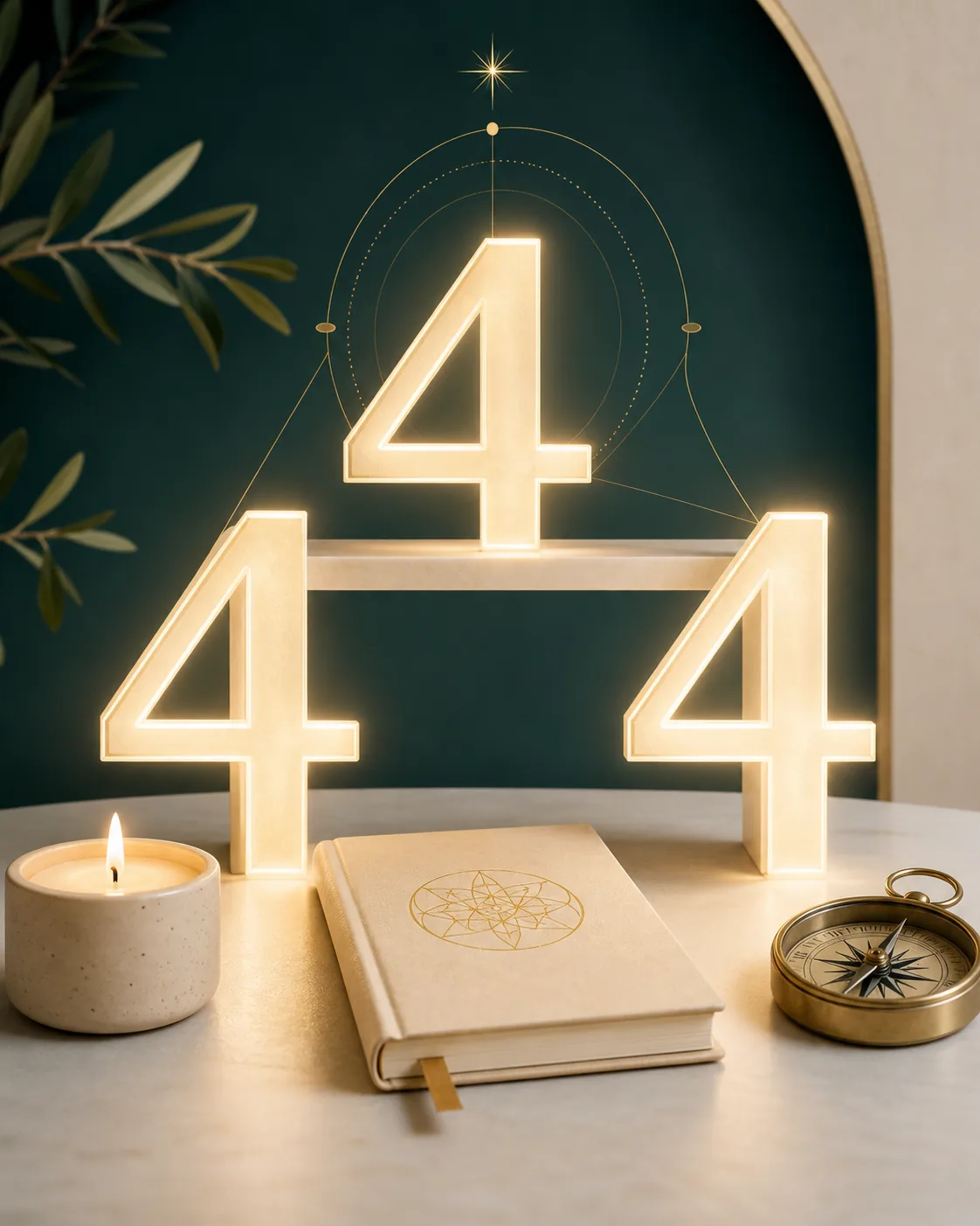 Editorial illustration of 444 with a journal, candle, and compass for angel number reflection