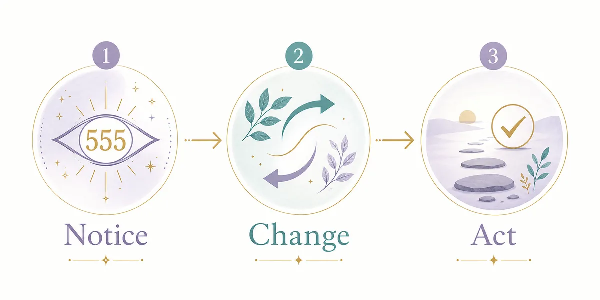 Three-step editorial diagram for seeing 555: notice the number, name the change, and act carefully