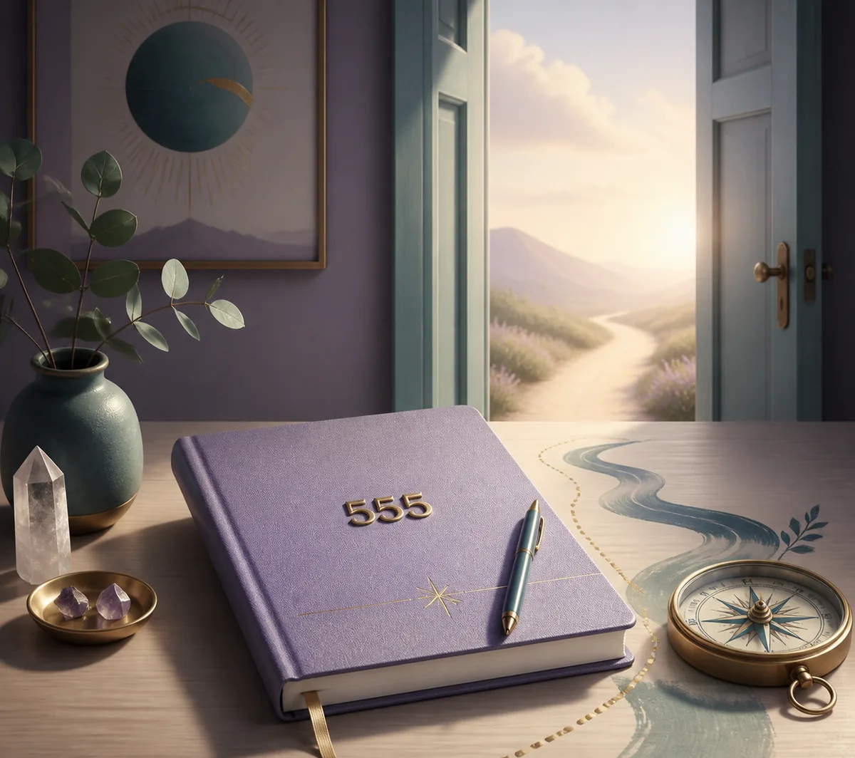 Editorial illustration of 555 with a journal, compass, and open doorway for angel number reflection