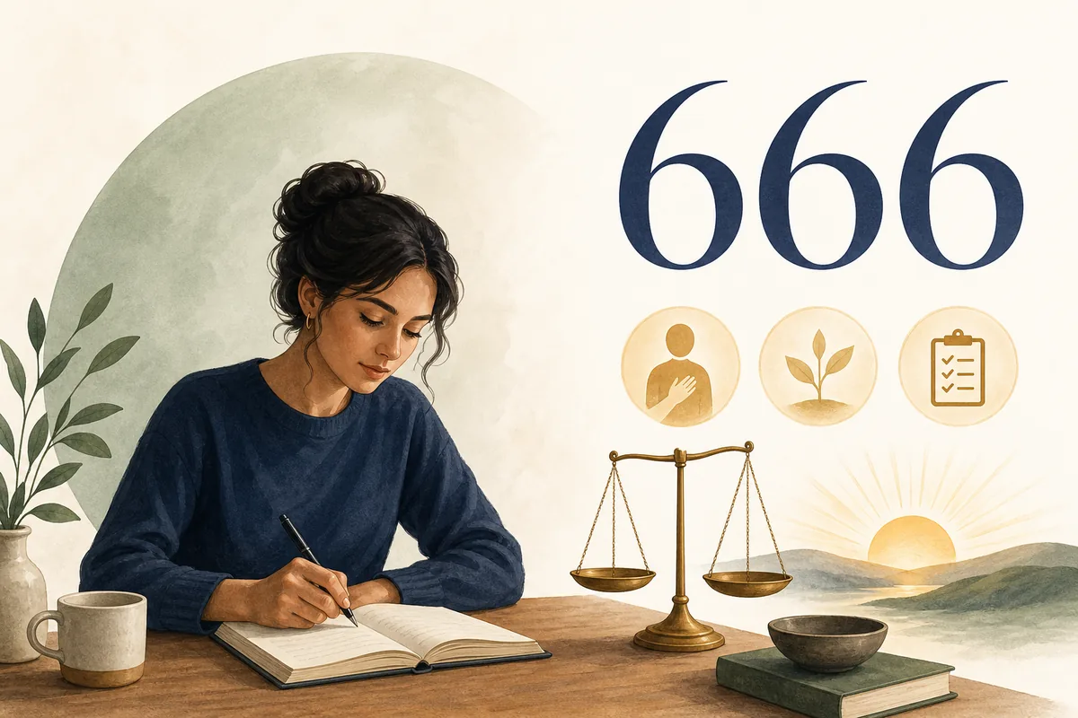 Person journaling beside a balanced scale and sunrise while reflecting on the 666 angel number