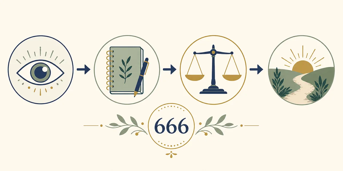Four-stage visual for seeing 666: notice the pattern, name the life area, rebalance priorities, and take one grounded action