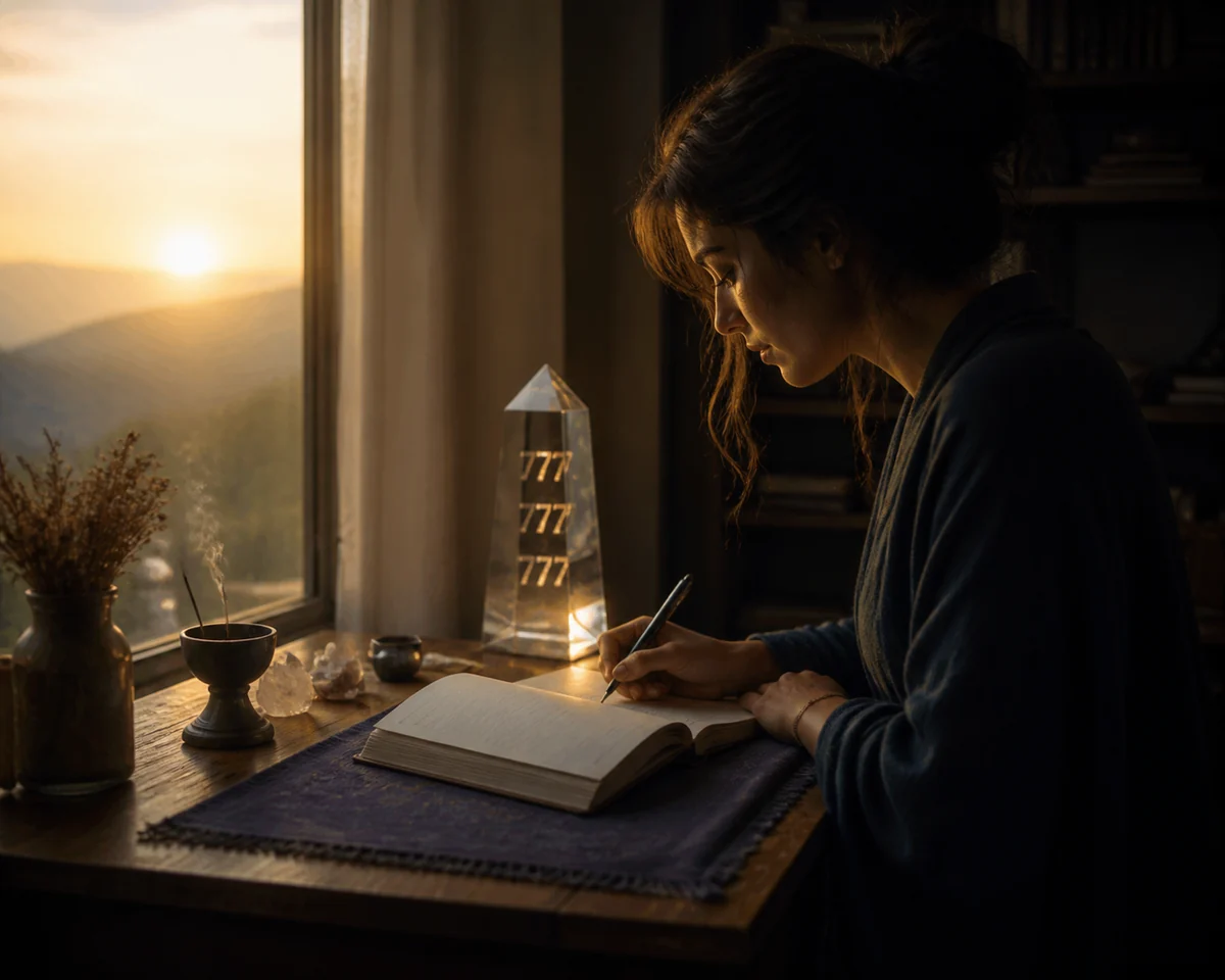 Person journaling beside a glowing 777 prism at sunrise while reflecting on the 777 angel number meaning