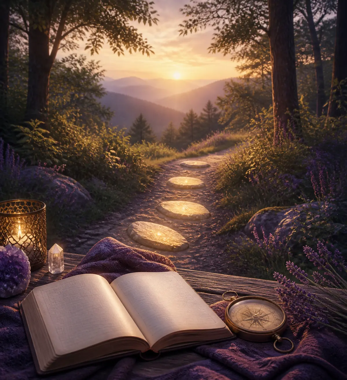 Sunlit forest path with stepping stones, journal, and compass representing a grounded response to seeing 777