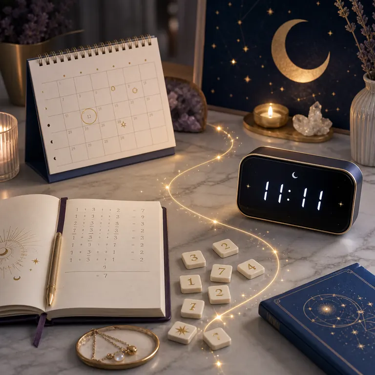 Calendar, number tiles, and clock showing angel number calculation and repeating patterns