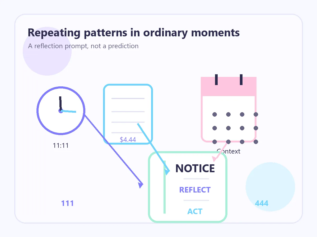 Editorial diagram of repeating number patterns noticed on a clock, receipt, calendar, and journal